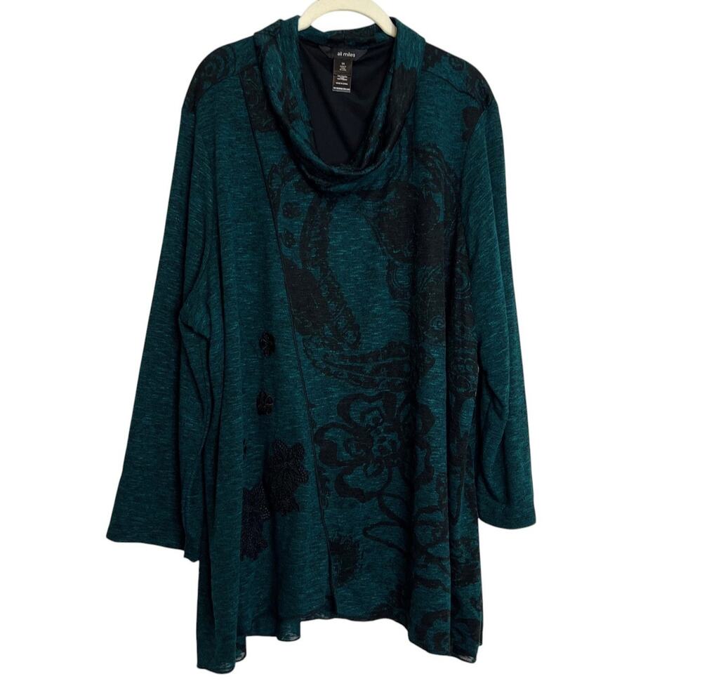 Ali Miles Womens Tunic Sweater 3X Dark Teal Cowl Neck Knit Floral Pattern NEW